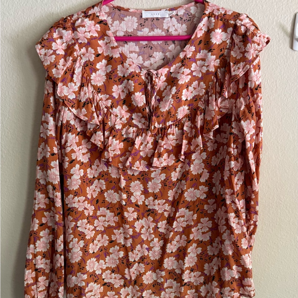 Lush Floral Ruffle Blouse - Orange and White